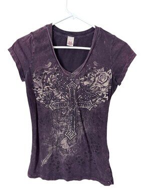 Y2K LA Teez Graphic T Shirt XS Cross Embellished V Neck Purple Grunge Emo